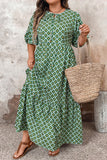 Green Geometric Floral Print Half Sleeve Plus Size Maxi Dress