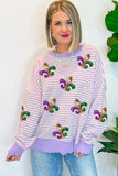 Purple Stripe Sequin Fleur de Lis Patched Pattern Long Sleeve Top