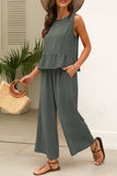 Duffel Green Solid Color Ribbed Ruffle Tank Top and Pants Set