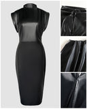 Cowl Neck Sleevless Slim Fit Sexy Ruched PU Leather Dress