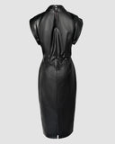 Cowl Neck Sleevless Slim Fit Sexy Ruched PU Leather Dress