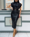 Cowl Neck Sleevless Slim Fit Sexy Ruched PU Leather Dress