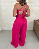 2 Pieces Summer Outfits Halter Sleevelss Hollow Out Top and Casual Faux Two Piece Tied Detail Wide Leg Pants Set
