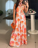 Floral Print Halter Tied Detail Overalls Casual Backless Wide Leg Jumpsuit