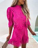 2PCS Mock Neck Guipure Lace Too /w Shorts Set