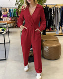 Lapel V neck Collar Shirred Drawstring Waist Jumpsuit