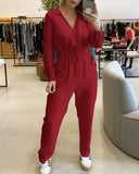 Lapel V neck Collar Shirred Drawstring Waist Jumpsuit