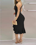 One Shoulder Ruffle Hem Asymmetrical Twist Slit Dress