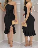 One Shoulder Ruffle Hem Asymmetrical Twist Slit Dress