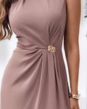 Sleeveless Round Neck Waist Metal Decor Ruched Dress Casual Slit Straight Midi Dress