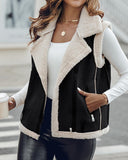 Pu Notched Collar Sleeveless Jacket Front Pocket Chain Fall and Winter Coat