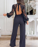 Contrast Lace Stand Collar Tied Detail Backless Straight Pants Lantern Sleeve Jumpsuit Elegant Overall
