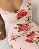 Lace Trim Spaghetti Strap Floral Print Dress