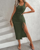 Ribbed Sleeveless Drawstring Ruched High Slit Dress