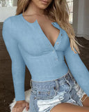 Long Sleeve Top Button Down Slim Fit Tops Crewneck Ribbed Knit Shirt