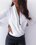 Solid Plunge Long Sleeve Ruched Casual Blouse