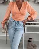 Plunge V Neck Lantern Sleeve Ruched Blouse Casual Slim Fit Bodysuit Top