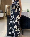 Floral Sleevless Leaves Pattern Maxi Dress Casual Waist Chain Decor Dress