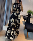 Floral Sleevless Leaves Pattern Maxi Dress Casual Waist Chain Decor Dress