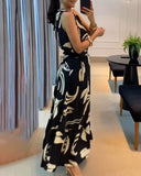 Floral Sleevless Leaves Pattern Maxi Dress Casual Waist Chain Decor Dress (Without Belt)