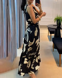 Floral Sleevless Leaves Pattern Maxi Dress Casual Waist Chain Decor Dress (Without Belt)