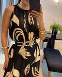 Floral Sleevless Leaves Pattern Maxi Dress Casual Waist Chain Decor Dress (Without Belt)