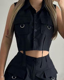 Turn down Collar Buttoned Pocket Design Top & Shorts Set