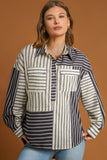 Black Stripe 2-tone Patchwork Half Buttons Chest Pockets Casual Blouse