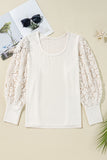 Apricot Contrast Floral Guipure Lace Lantern Sleeve U Neck Plus Size Blouse