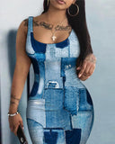 Denim Look Print Sleeveless U Neck Bodycon Dress