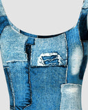 Denim Look Print Sleeveless U Neck Bodycon Dress