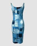 Denim Look Print Sleeveless U Neck Bodycon Dress
