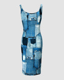 Denim Look Print Sleeveless U Neck Bodycon Dress