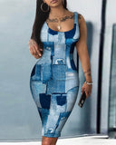 Denim Look Print Sleeveless U Neck Bodycon Dress