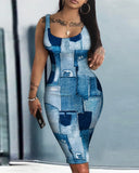 Denim Look Print Sleeveless U Neck Bodycon Dress