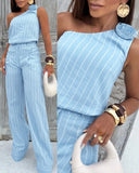 2 Pieces Outfit Striped Print One Shoulder 3D Flower Decor Tank Top and Casual Wide Leg Pants Set