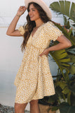 Yellow Floral Short Sleeve V Neck Frilly Tiered Mini Dress