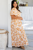 Apricot Floral Print Puff Short Sleeve Resort Plus Size Maxi Dress