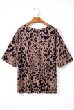 Brown Leopard Print V Neck Half Sleeve Oversized Tee