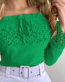 Off Shoulder Guipure Lace Frill Hem Drawstring Top