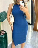 Sleeveless Asymmetrical Hem Side Slit Knit Bodycon Dress