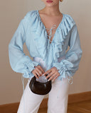 Lace Up Plunge V Neck Ruffle Blouse Casual Drawstring Long Sleeve Top