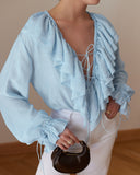 Lace Up Plunge V Neck Ruffle Blouse Casual Drawstring Long Sleeve Top