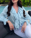 Lace Up Plunge V Neck Ruffle Blouse Casual Drawstring Long Sleeve Top