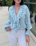 Lace Up Plunge V Neck Ruffle Blouse Casual Drawstring Long Sleeve Top