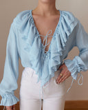Lace Up Plunge V Neck Ruffle Blouse Casual Drawstring Long Sleeve Top