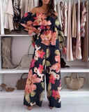 2 Pieces Outfit Floral Print Elastic Off Shoulder Ruffle Cuffs Top and Casual Elastic Back Waist Wide Leg Pants Set