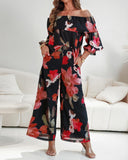 2 Pieces Outfit Floral Print Elastic Off Shoulder Ruffle Cuffs Top and Casual Elastic Back Waist Wide Leg Pants Set