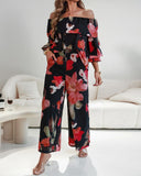 2 Pieces Outfit Floral Print Elastic Off Shoulder Ruffle Cuffs Top and Casual Elastic Back Waist Wide Leg Pants Set