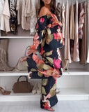 2 Pieces Outfit Floral Print Elastic Off Shoulder Ruffle Cuffs Top and Casual Elastic Back Waist Wide Leg Pants Set